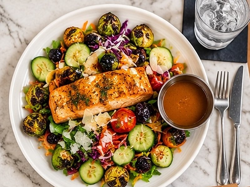 Grilled salmon over a fresh mixed salad