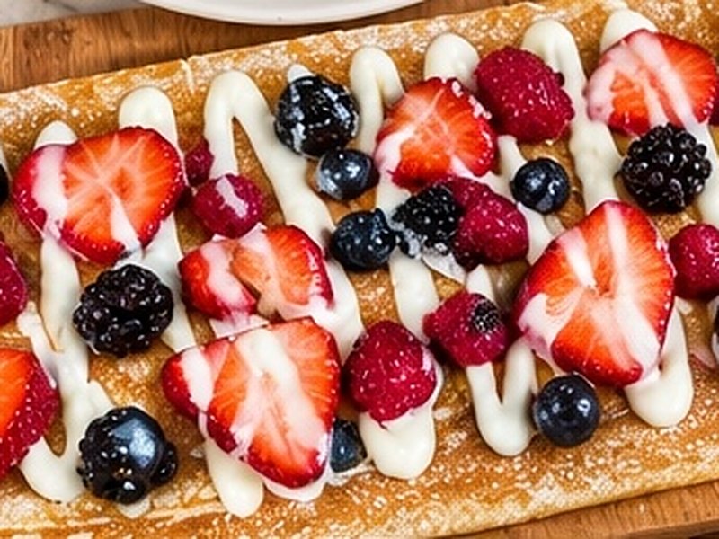 Crêpe topped with mixed berries and cream drizzle
