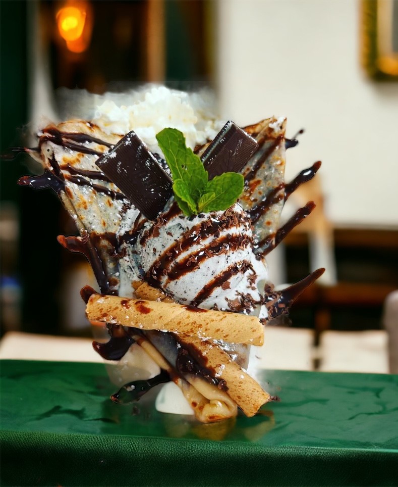Chocolate mint crêpe with mint ice cream