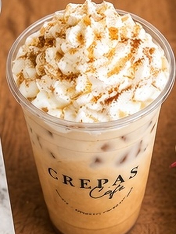 Iced latte topped with whipped cream and cinnamon
