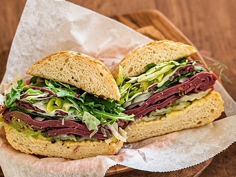 Toasted deli sandwich with slaw and greens