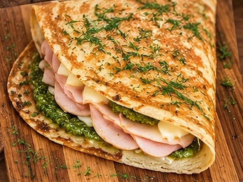Savory ham, Swiss cheese, and pesto crêpe