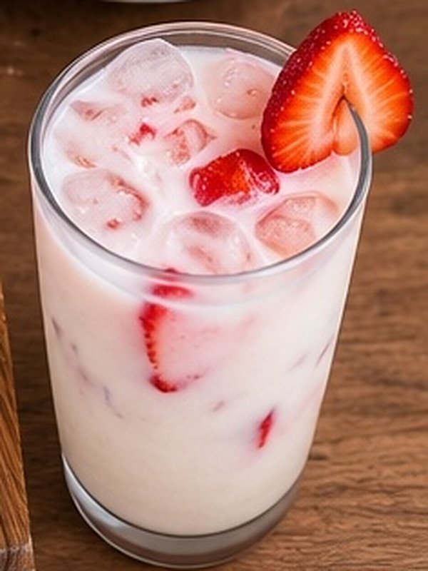 Iced strawberry drink garnished with a fresh strawberry