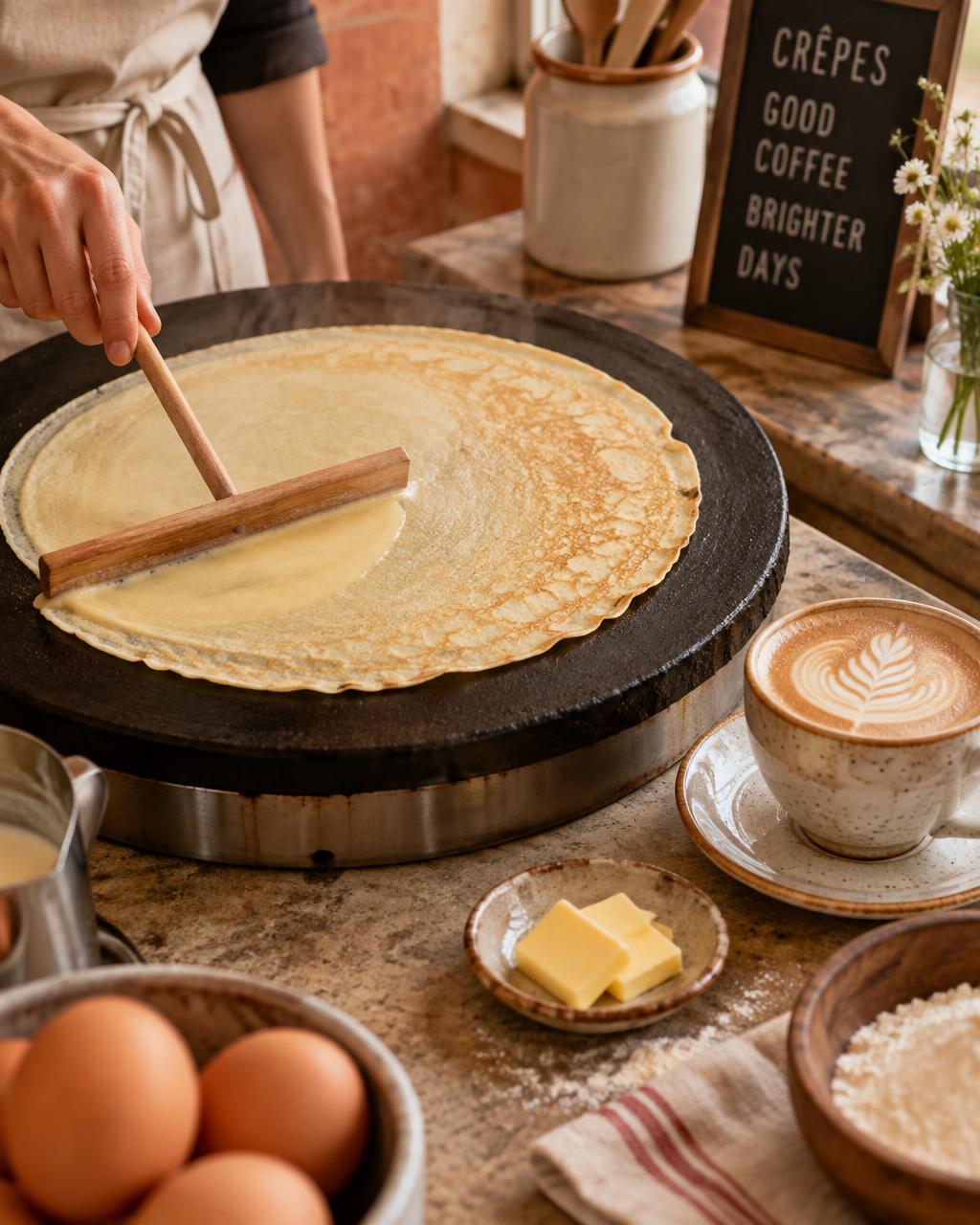 A crêpe being spread on a hot round griddle